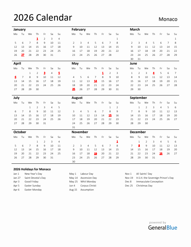 Standard Holiday Calendar for 2026 with Monaco Holidays 