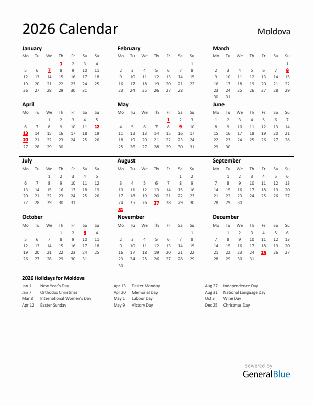 Standard Holiday Calendar for 2026 with Moldova Holidays 