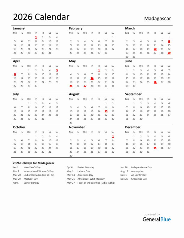 Standard Holiday Calendar for 2026 with Madagascar Holidays 