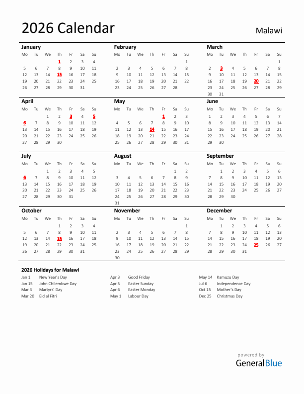 Standard Holiday Calendar for 2026 with Malawi Holidays 