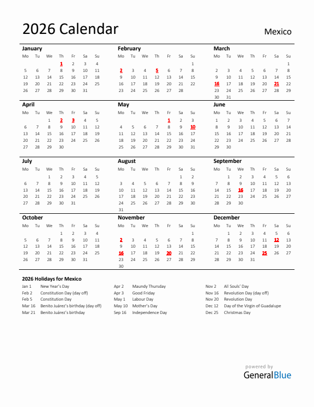 Standard Holiday Calendar for 2026 with Mexico Holidays 