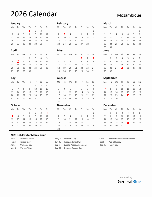 Standard Holiday Calendar for 2026 with Mozambique Holidays 