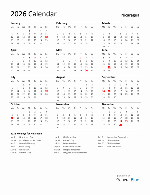 Standard Holiday Calendar for 2026 with Nicaragua Holidays 