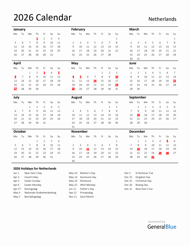 Standard Holiday Calendar for 2026 with The Netherlands Holidays 