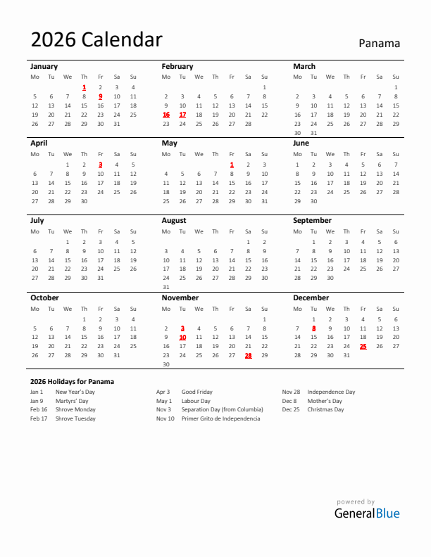 Standard Holiday Calendar for 2026 with Panama Holidays 