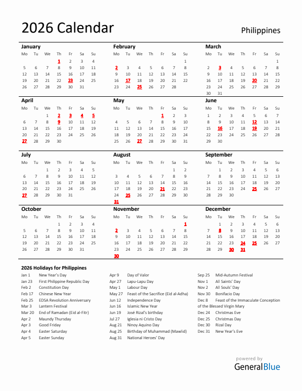 Standard Holiday Calendar for 2026 with Philippines Holidays 