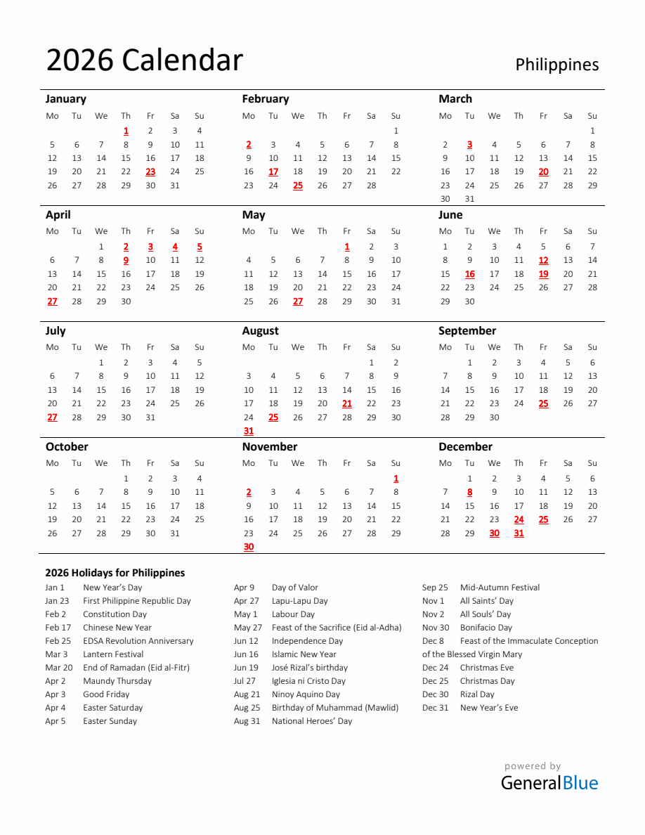 Standard Holiday Calendar for 2026 with Philippines Holidays