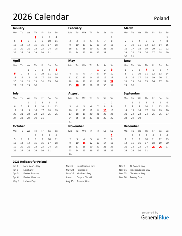 Standard Holiday Calendar for 2026 with Poland Holidays 