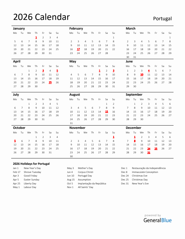 Standard Holiday Calendar for 2026 with Portugal Holidays 