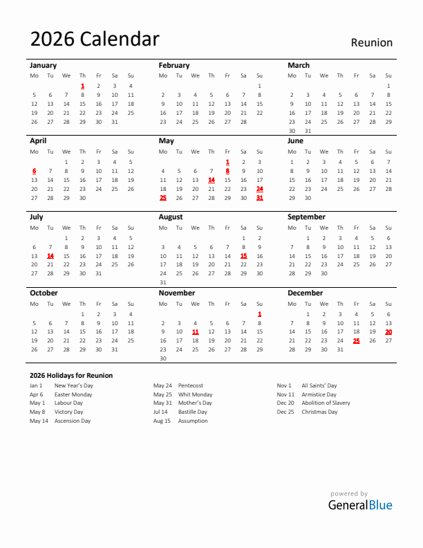 Standard Holiday Calendar for 2026 with Reunion Holidays 