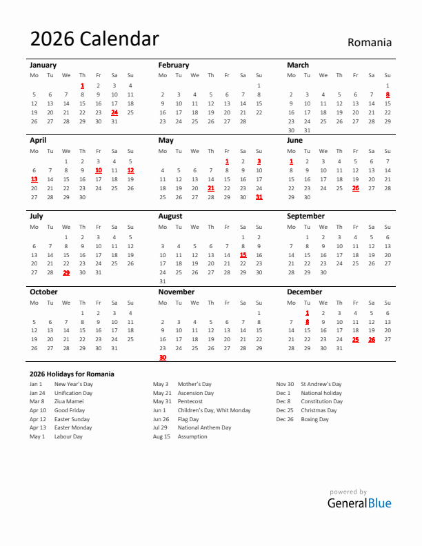 Standard Holiday Calendar for 2026 with Romania Holidays 