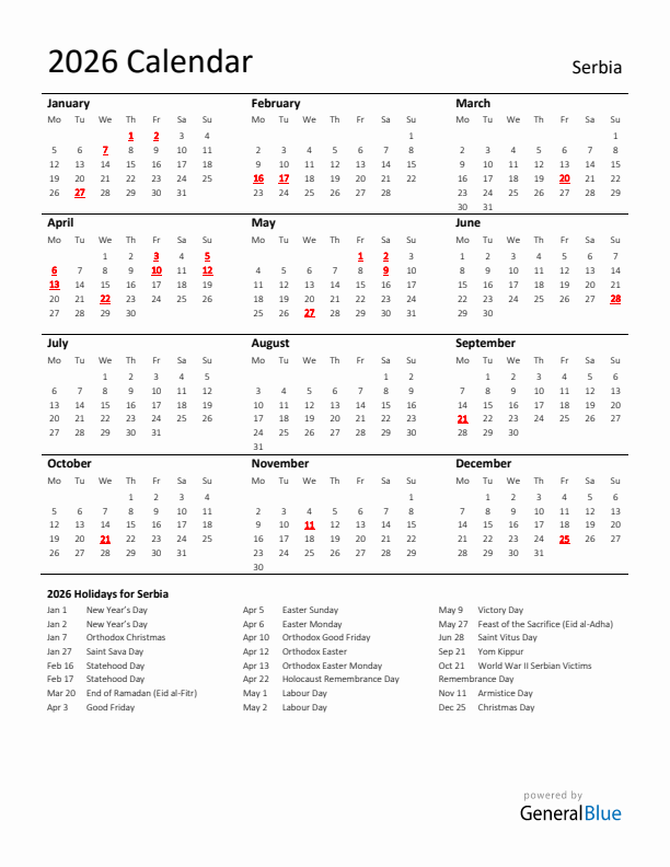 Standard Holiday Calendar for 2026 with Serbia Holidays 
