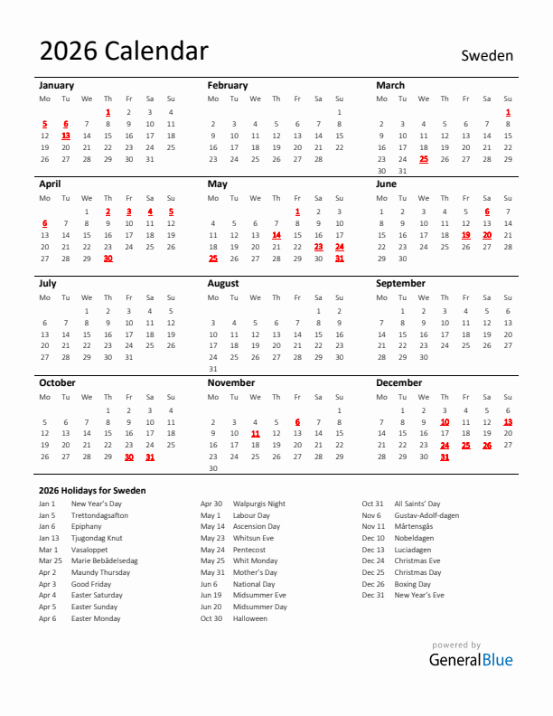Standard Holiday Calendar for 2026 with Sweden Holidays 