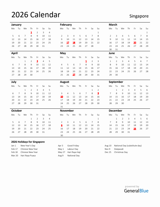 Standard Holiday Calendar for 2026 with Singapore Holidays 
