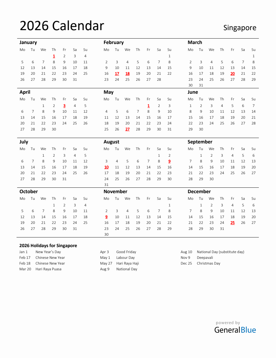 Standard Holiday Calendar for 2026 with Singapore Holidays