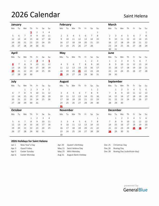 Standard Holiday Calendar for 2026 with Saint Helena Holidays 