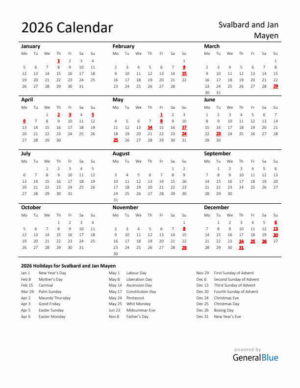 Standard Holiday Calendar for 2026 with Svalbard and Jan Mayen Holidays 