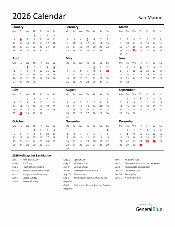 Standard Holiday Calendar for 2026 with San Marino Holidays 