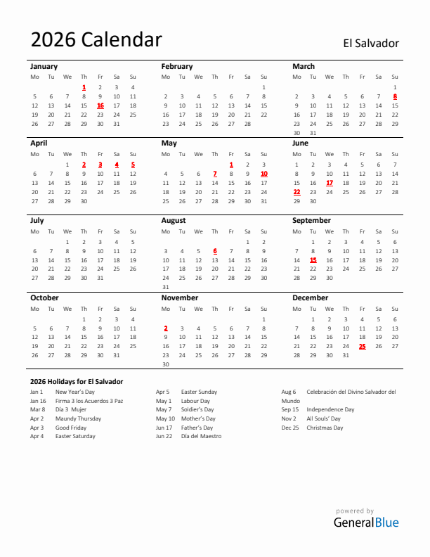 Standard Holiday Calendar for 2026 with El Salvador Holidays 