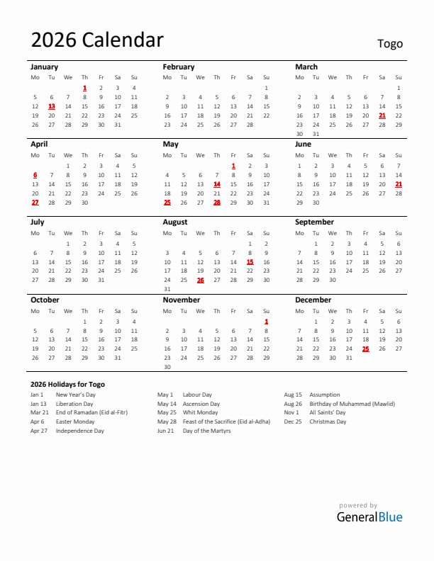 Standard Holiday Calendar for 2026 with Togo Holidays 