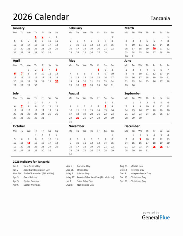 Standard Holiday Calendar for 2026 with Tanzania Holidays 