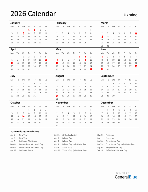 Standard Holiday Calendar for 2026 with Ukraine Holidays 