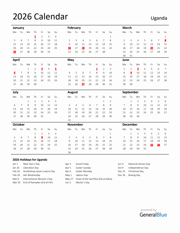 Standard Holiday Calendar for 2026 with Uganda Holidays 