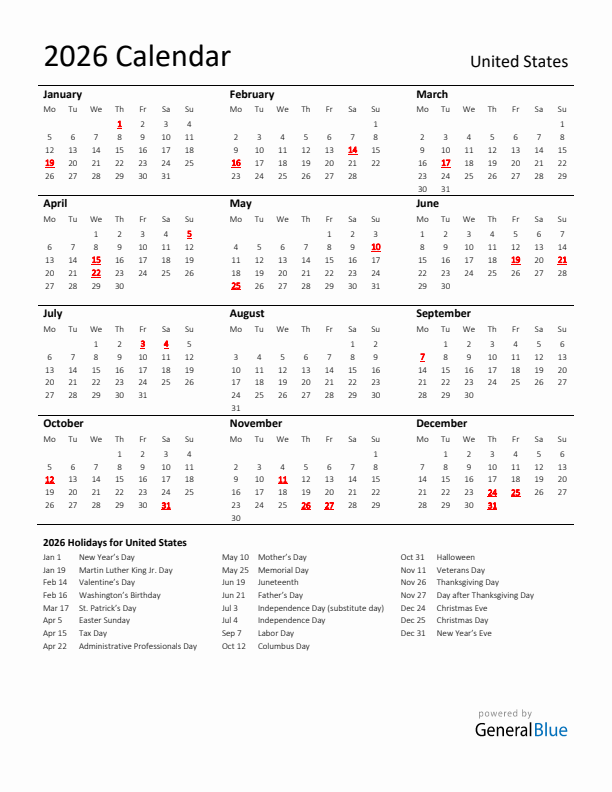 Standard Holiday Calendar for 2026 with United States Holidays 