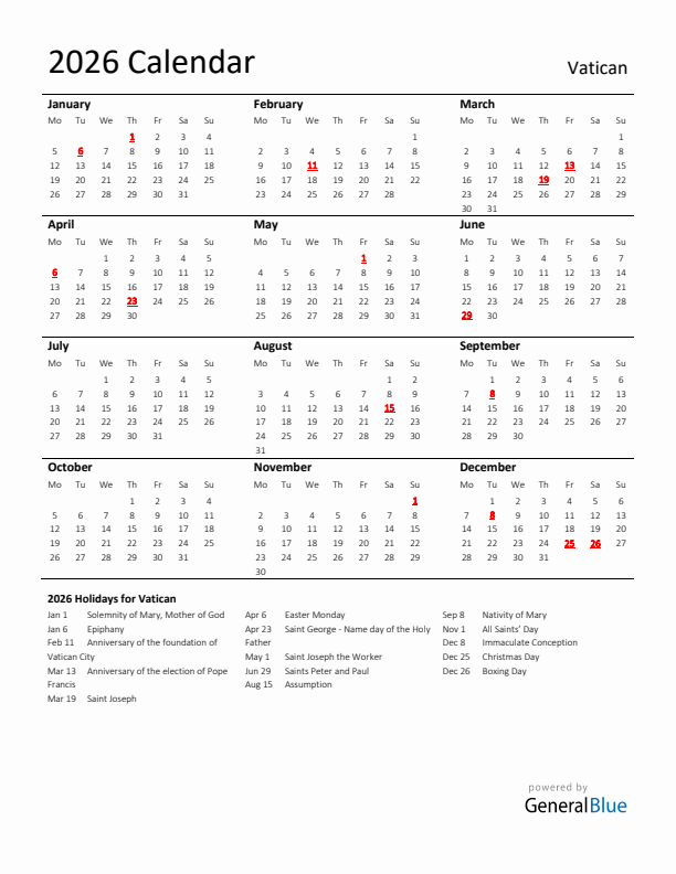 Standard Holiday Calendar for 2026 with Vatican Holidays 