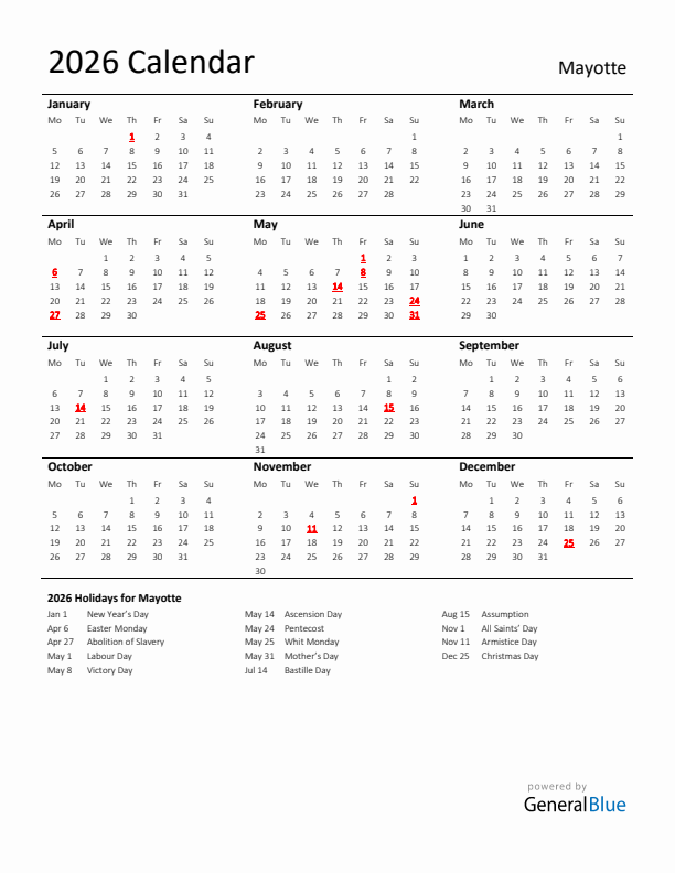 Standard Holiday Calendar for 2026 with Mayotte Holidays 