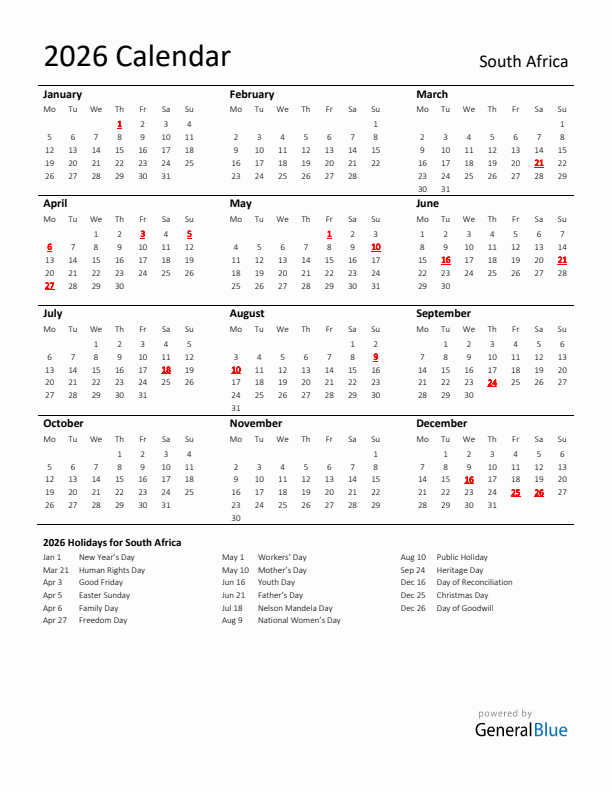 Standard Holiday Calendar for 2026 with South Africa Holidays 