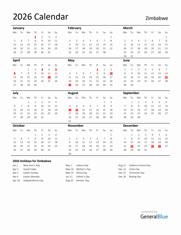 Standard Holiday Calendar for 2026 with Zimbabwe Holidays 