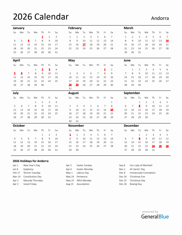 Standard Holiday Calendar for 2026 with Andorra Holidays 