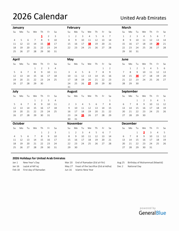 Standard Holiday Calendar for 2026 with United Arab Emirates Holidays 