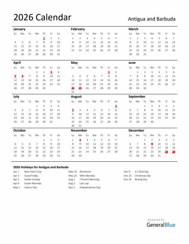 Standard Holiday Calendar for 2026 with Antigua and Barbuda Holidays 