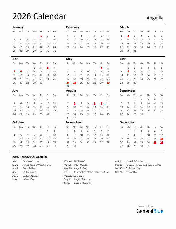 Standard Holiday Calendar for 2026 with Anguilla Holidays 