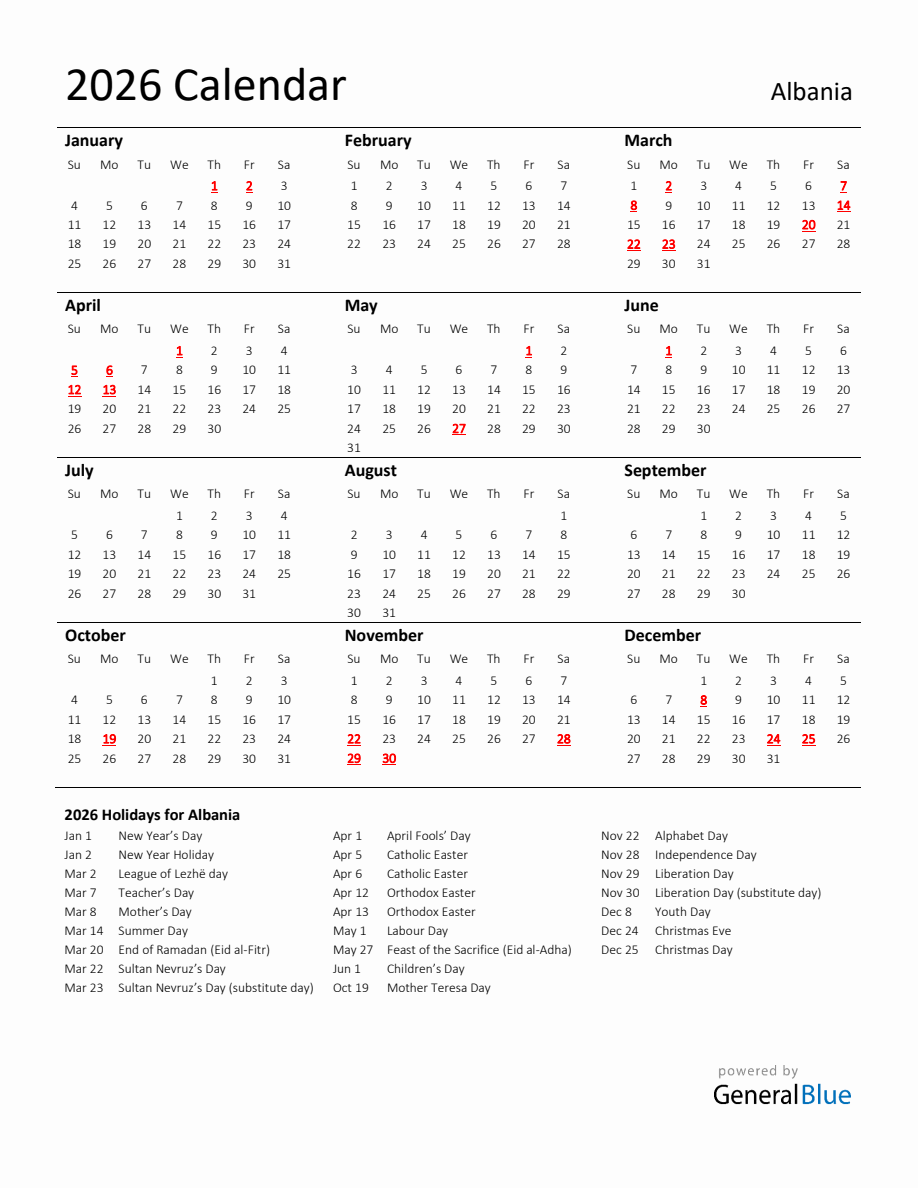 Standard Holiday Calendar For 2026 With Albania Holidays