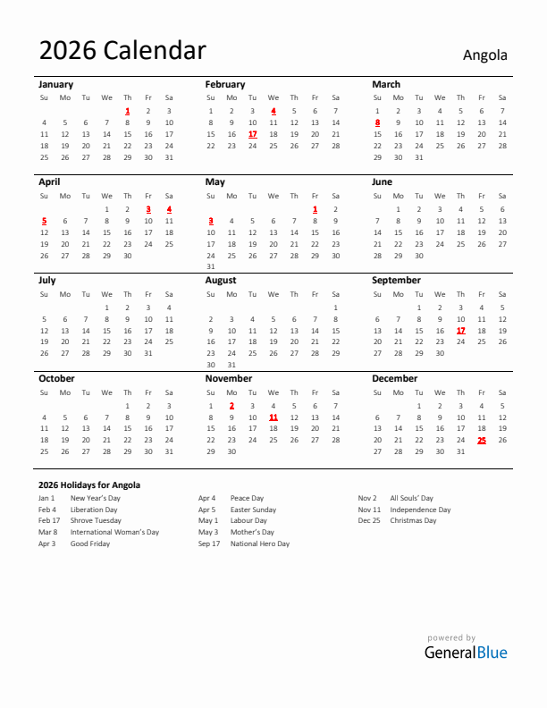 Standard Holiday Calendar for 2026 with Angola Holidays 