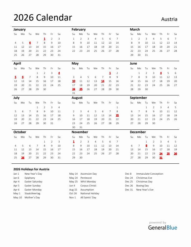 Standard Holiday Calendar for 2026 with Austria Holidays 
