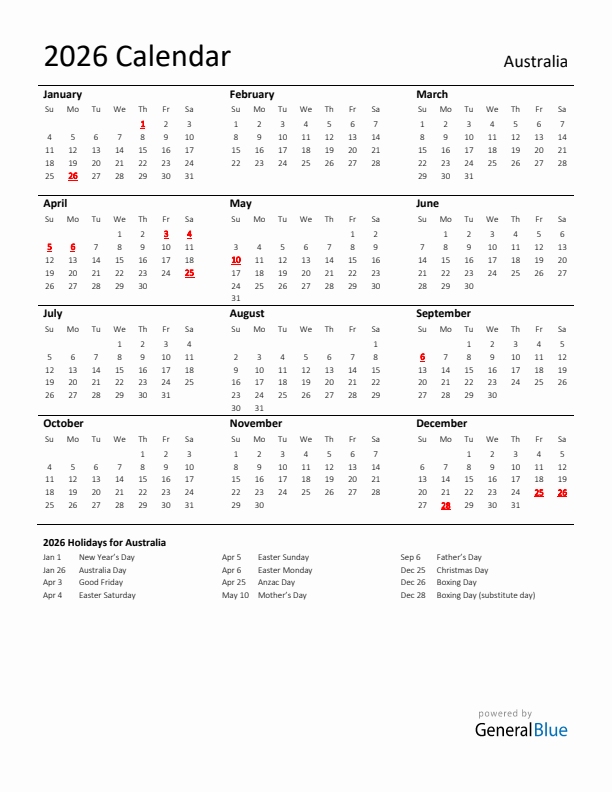 Standard Holiday Calendar for 2026 with Australia Holidays 