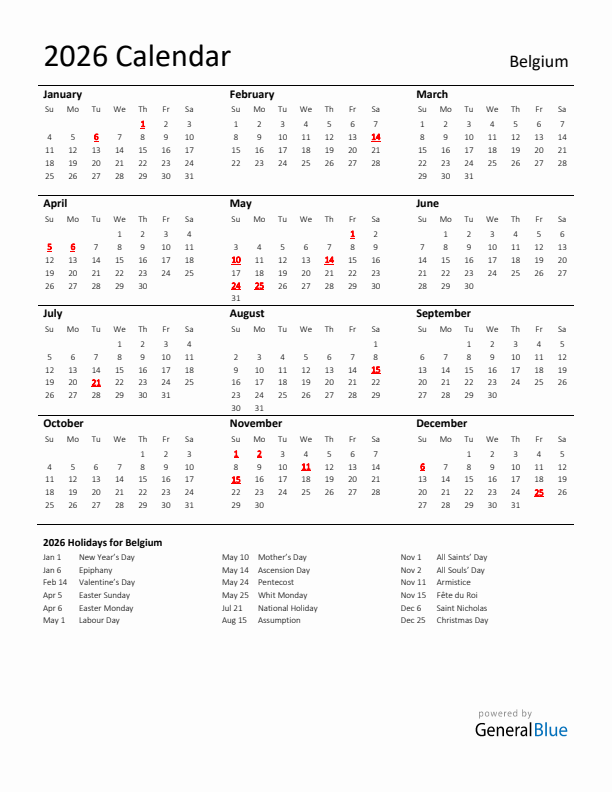 Standard Holiday Calendar for 2026 with Belgium Holidays 