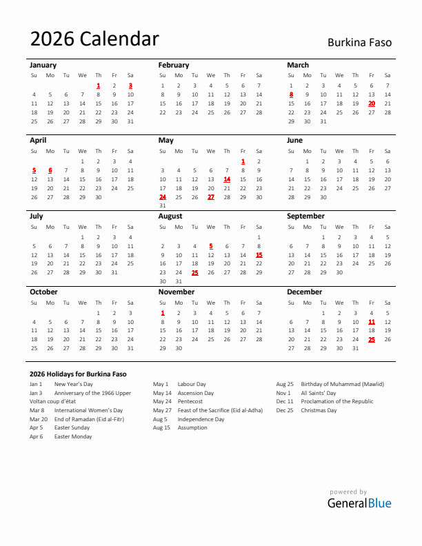 Standard Holiday Calendar for 2026 with Burkina Faso Holidays 
