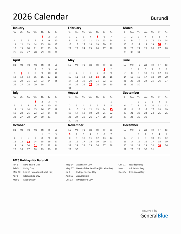 Standard Holiday Calendar for 2026 with Burundi Holidays 
