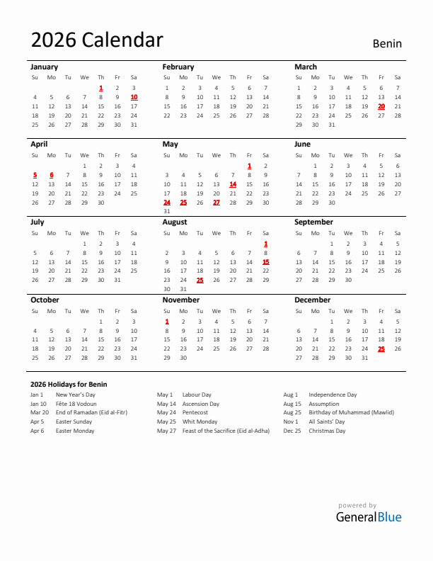 Standard Holiday Calendar for 2026 with Benin Holidays 