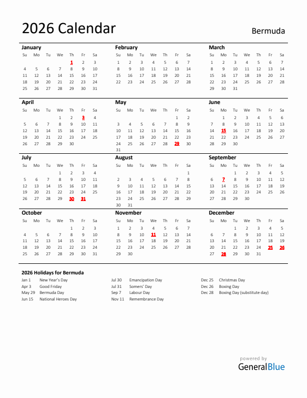 Standard Holiday Calendar for 2026 with Bermuda Holidays 