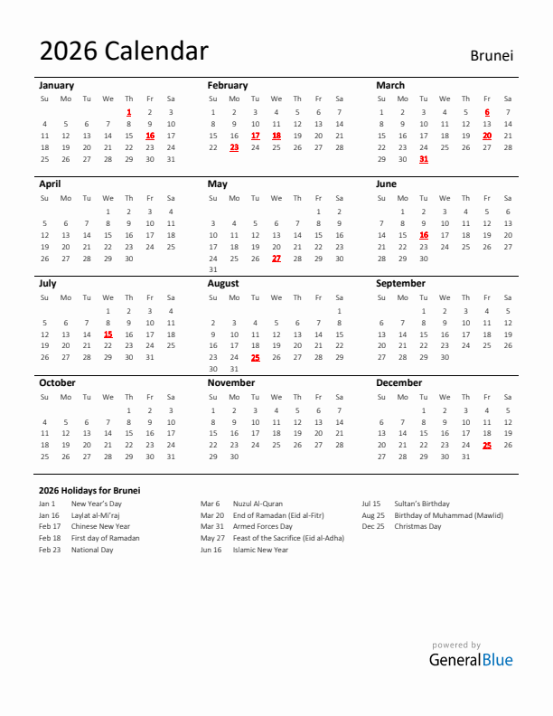 Standard Holiday Calendar for 2026 with Brunei Holidays 