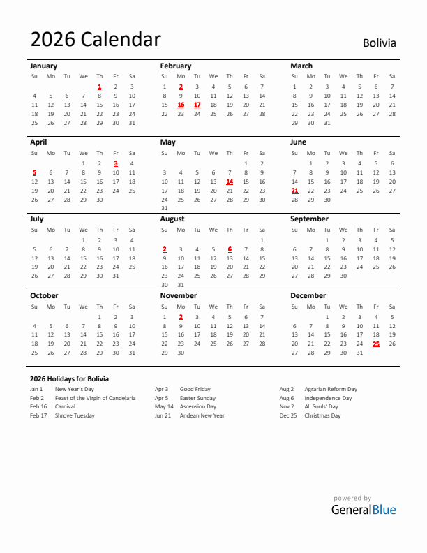 Standard Holiday Calendar for 2026 with Bolivia Holidays 
