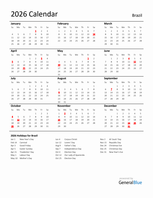 Standard Holiday Calendar for 2026 with Brazil Holidays 
