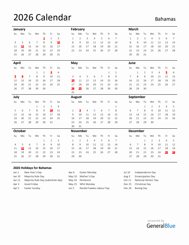 Standard Holiday Calendar for 2026 with Bahamas Holidays 
