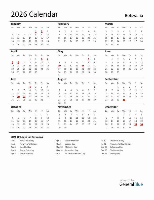 Standard Holiday Calendar for 2026 with Botswana Holidays 
